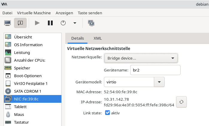 Bild der Netzwerk-Konfiguration einer Virtuellen Maschine im Virt-Manager